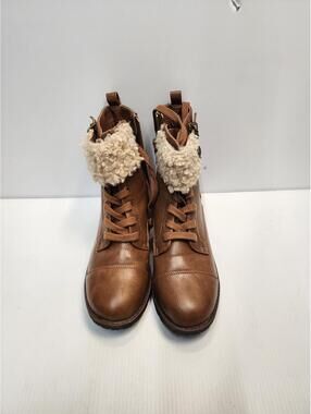 Size 7 Brown Faux Leather Lace-Up Ankle Boots with Faux Shearling Cuff